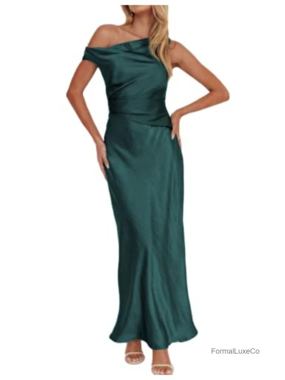 Satin Off Shoulder Maxi Dress Ruched Waist Wedding Guest Formal